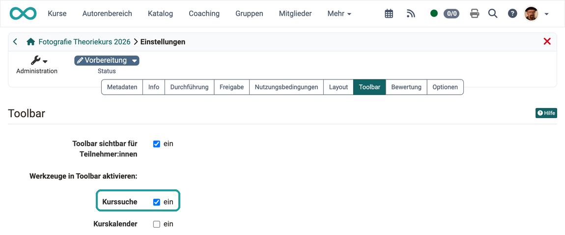 Checkbox Kurssuche aktiviert und hervorgehoben, Tab Toolbar der Kurseinstellungen