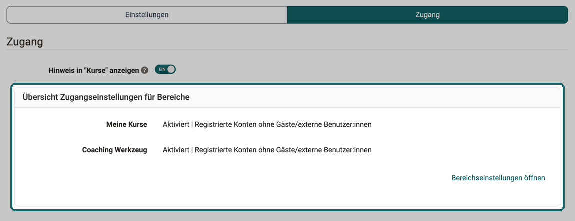 Meine Kurse und Coaching Werkzeug je aktiviert für registrierte Konten, darunter der Button Bereichseinstellungen öffnen