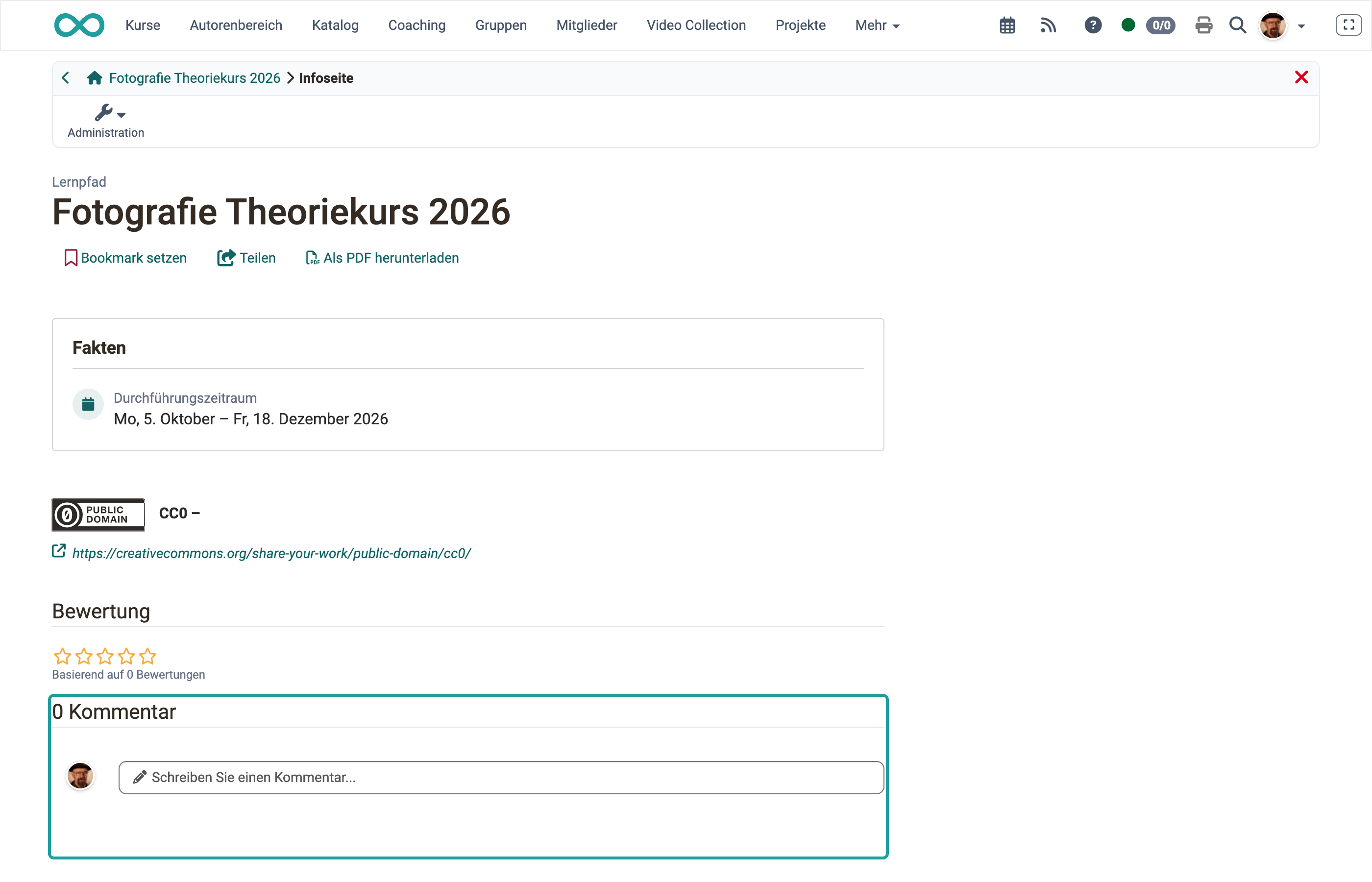Hervorgehobener Bereich Kommentar mit dem Eingabefeld "Schreiben Sie einen Kommentar..." auf der Infoseite eines Kurses