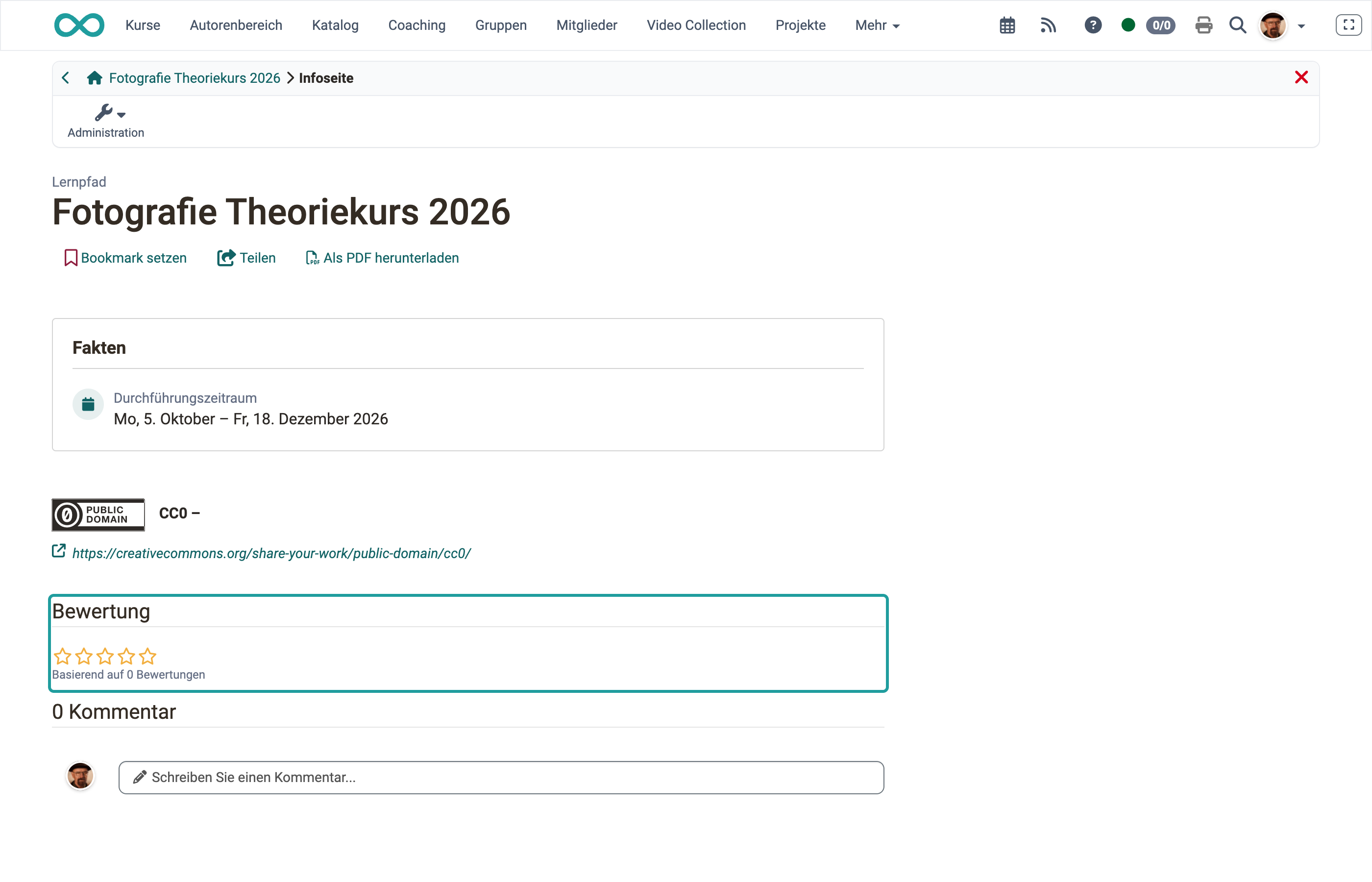 Hervorgehobene Bewertung mit fünf anklickbaren Sternen auf der Infoseite eines Kurses