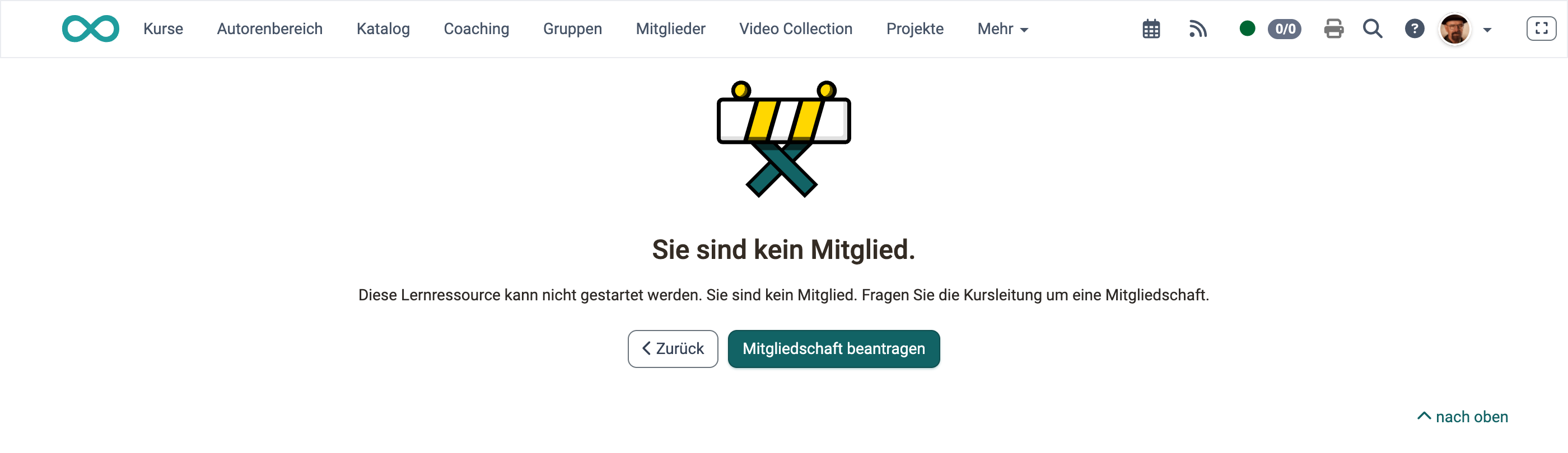 Button Mitgliedschaft beantragen neben Zurück auf der Hinweisseite "Sie sind kein Mitglied."