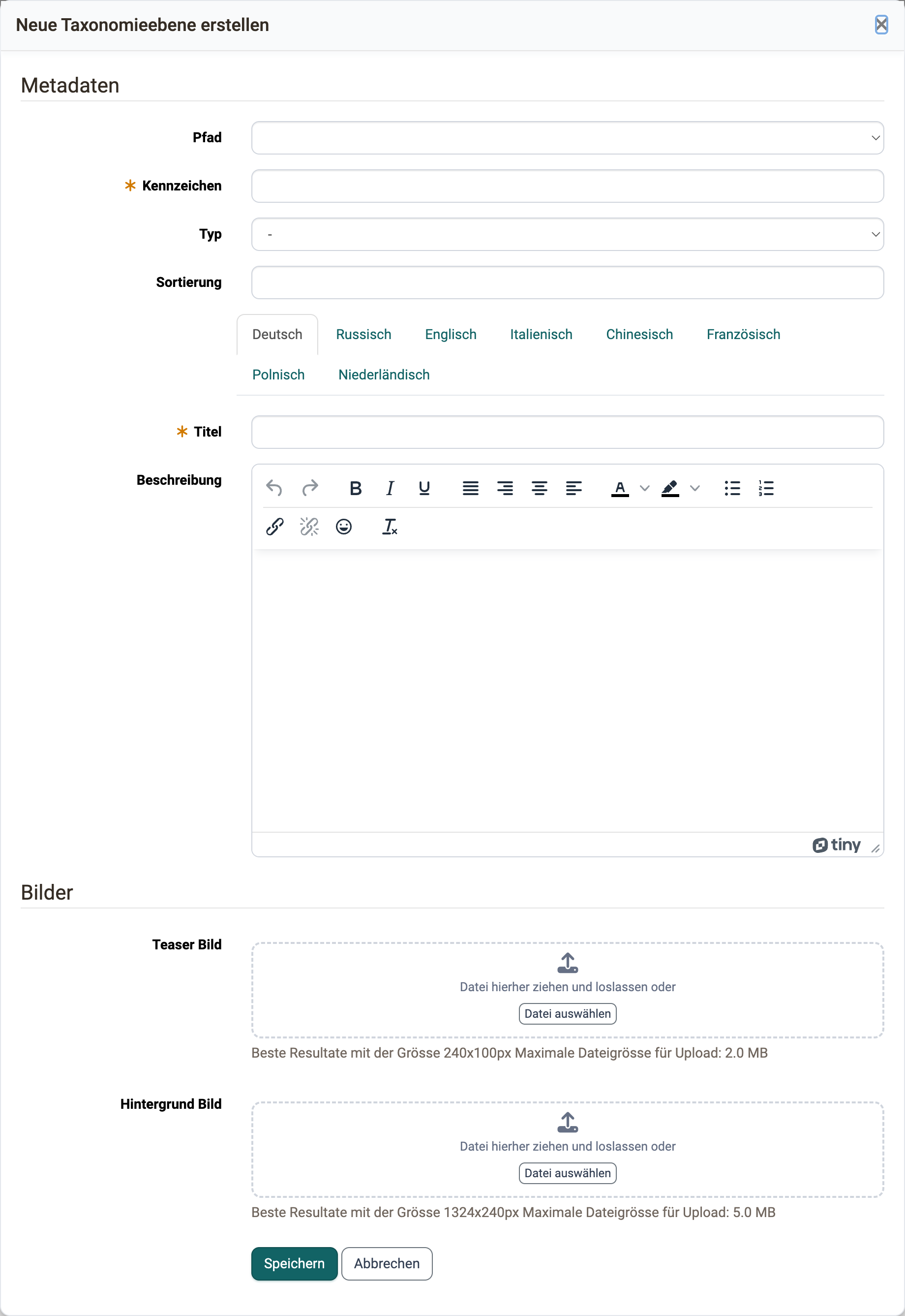 Dialog "Neue Taxonomieebene erstellen" mit den Feldern Pfad, Kennzeichen, Typ, Sortierung, Titel und Beschreibung sowie dem Abschnitt Bilder mit Teaser Bild und Hintergrund Bild
