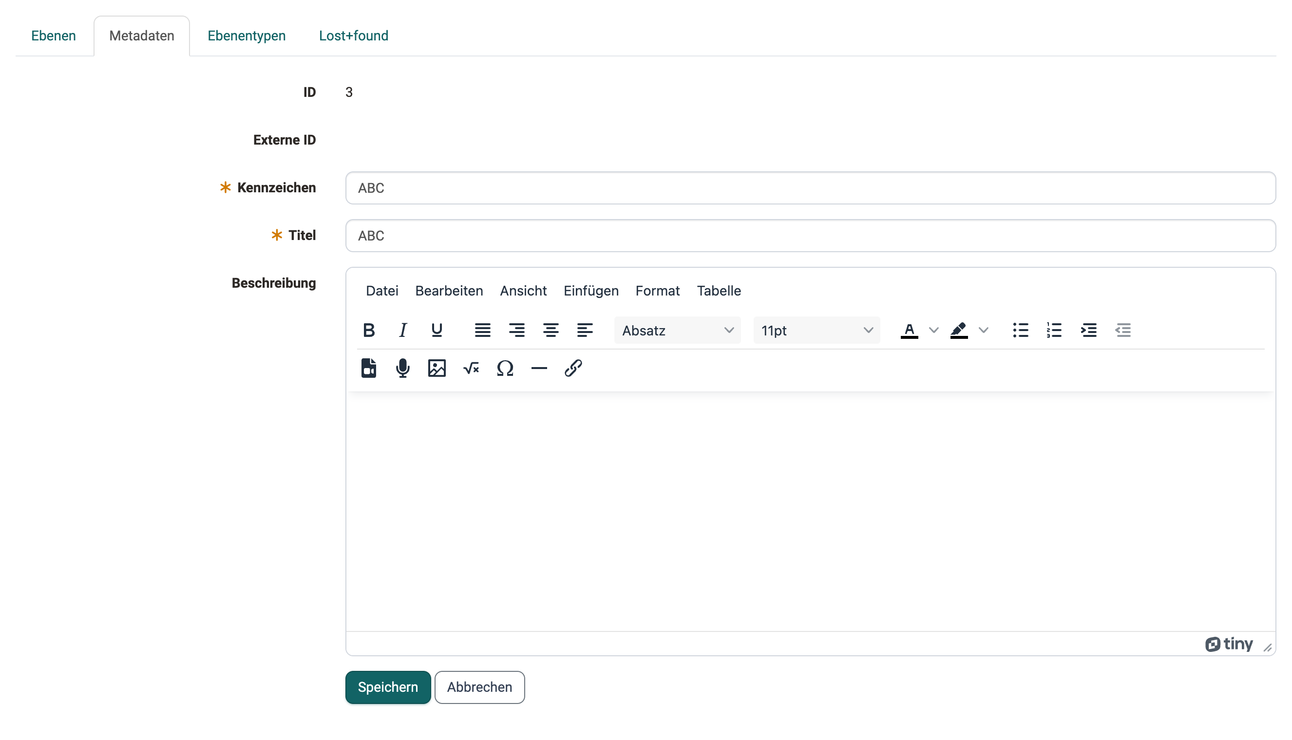 Tab Metadaten einer Taxonomie mit den Feldern ID, Externe ID, Kennzeichen, Titel und Beschreibung