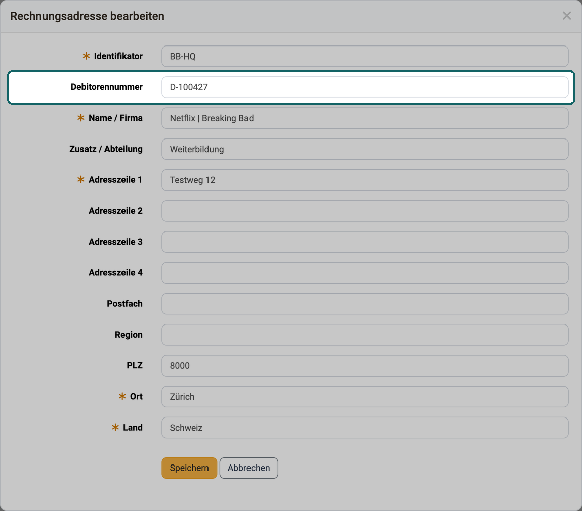 Formular einer Rechnungsadresse der Organisation, das Feld Debitorennummer unter dem Identifikator ist hervorgehoben