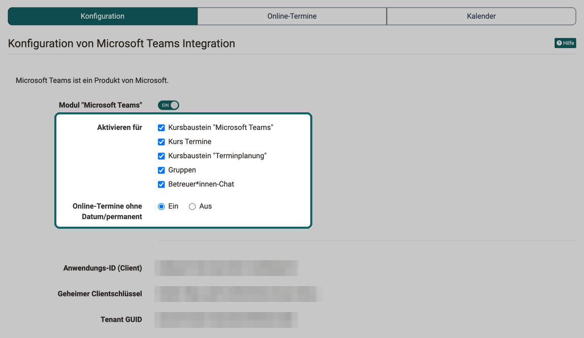 Modul eingeschaltet, markiert sind Aktivieren für mit fünf Orten und Online-Termine ohne Datum/permanent auf Ein, Zugangsdaten unkenntlich