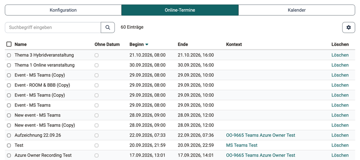 Alle Online-Termine der Instanz mit Kontext als Link zu Kurs oder Gruppe und Löschen je Zeile, bei einem Teil der Termine bleibt Kontext leer