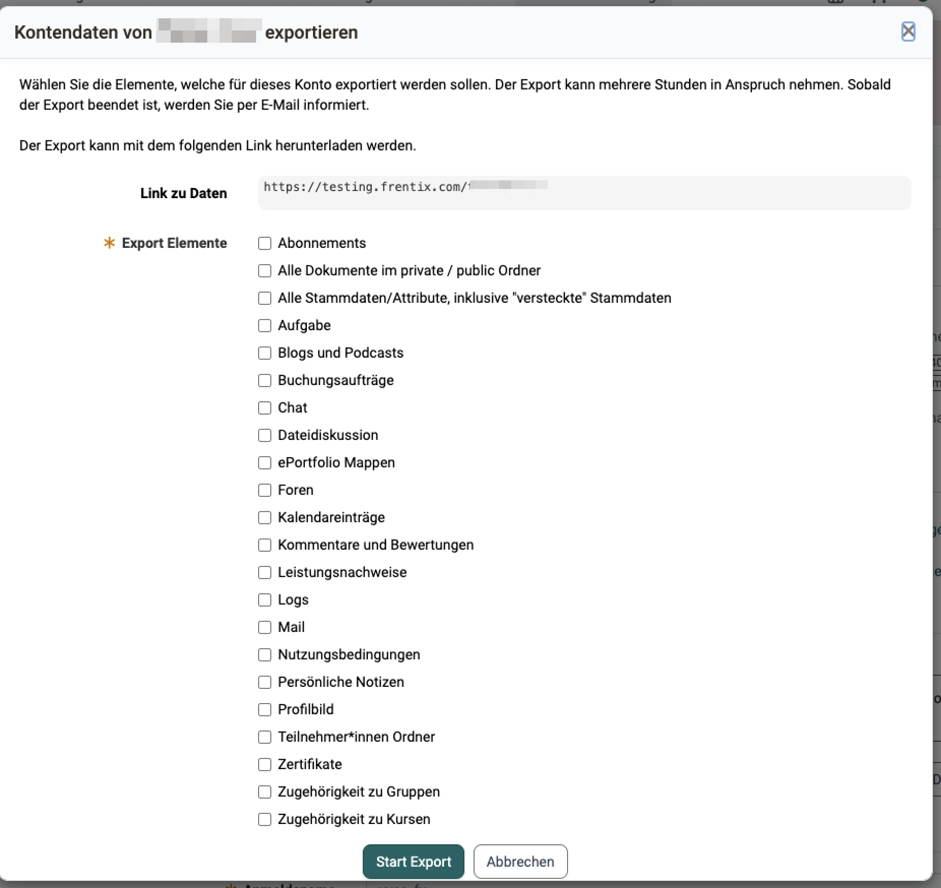 Pflichtfeld Export Elemente mit 22 Kontrollkästchen, darüber der Link zu Daten, darunter Start Export, im Dialog Kontendaten exportieren