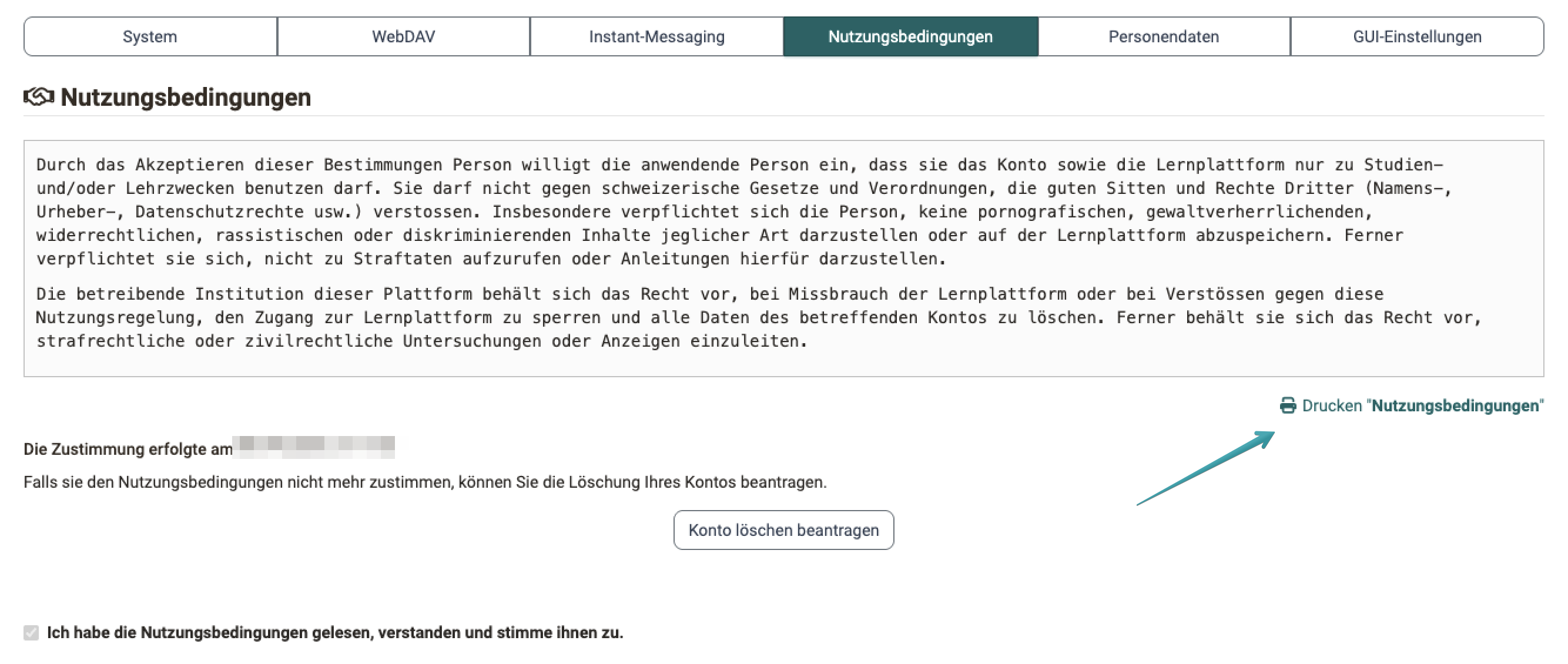 Markierter Druck-Link rechts unter dem Bedingungstext, darunter Zustimmungsdatum und Schaltfläche Konto löschen beantragen, im Tab Nutzungsbedingungen der persönlichen Einstellungen
