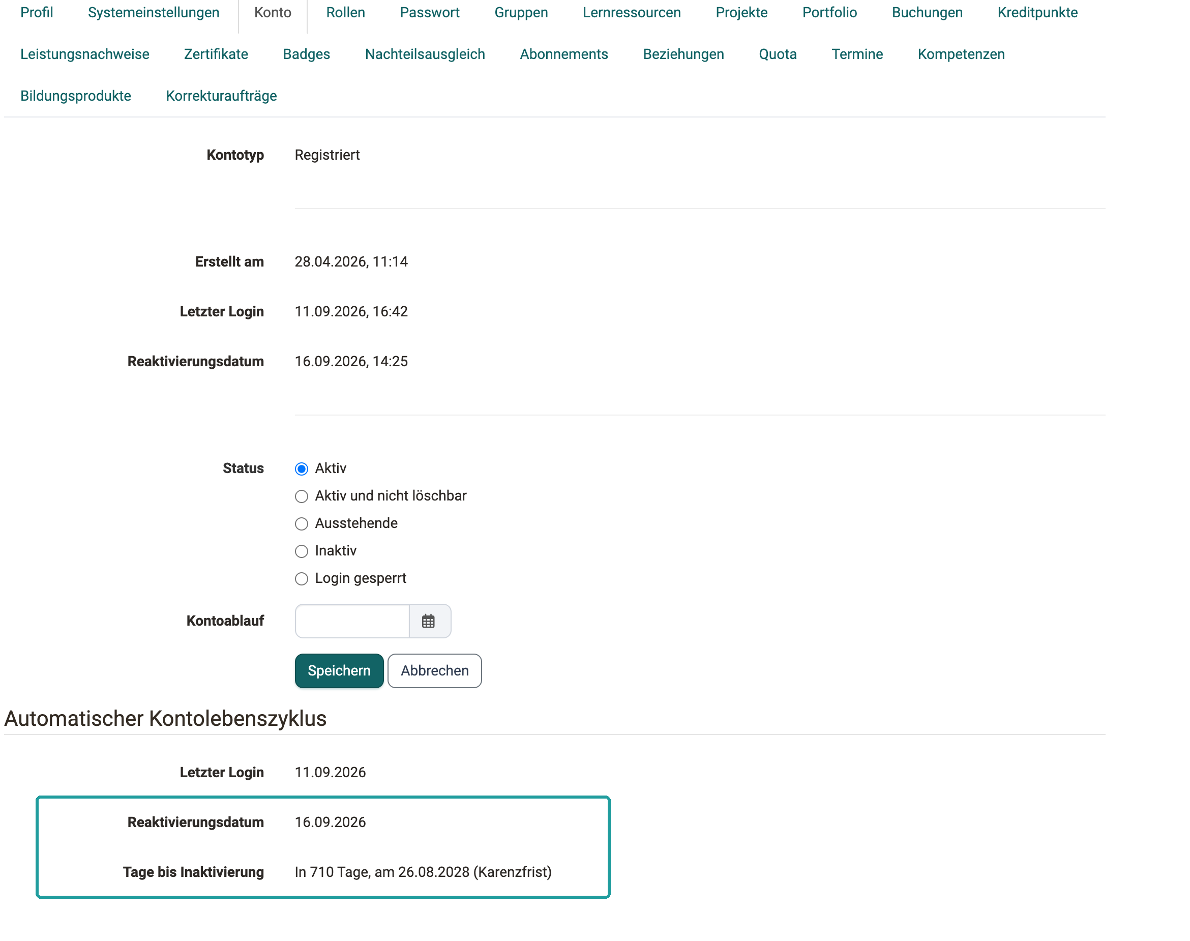 Reaktivierungsdatum 16.09.2026 und die Frist "In 710 Tage, am 26.08.2028 (Karenzfrist)": Reiter Konto eines reaktivierten Kontos