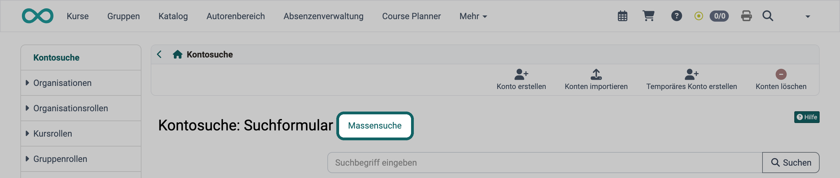 Markierter Link Massensuche neben der Überschrift Kontosuche: Suchformular