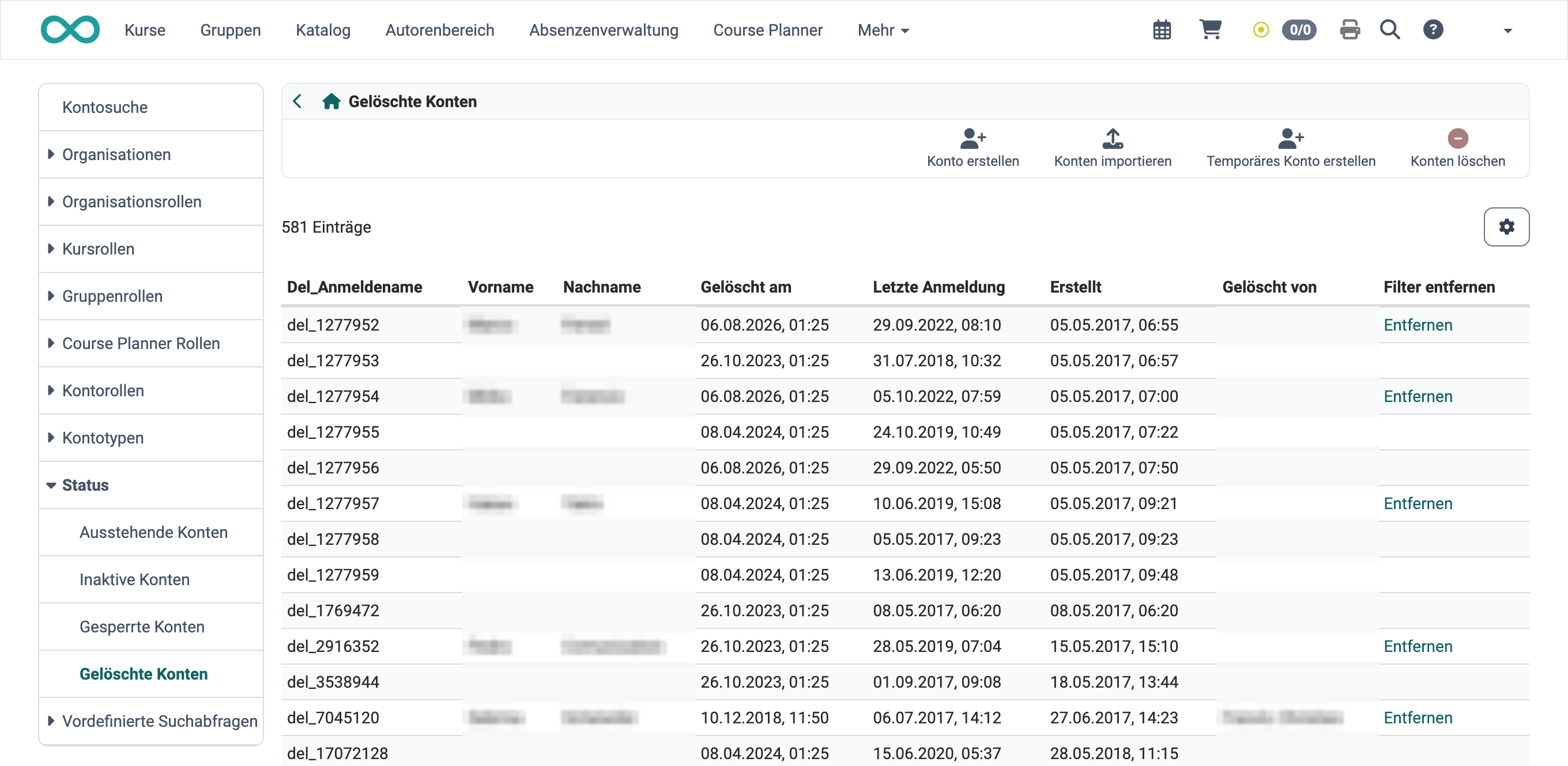 Tabelle der gelöschten Konten mit Del_Anmeldename, Vorname, Nachname, Gelöscht am, Letzte Anmeldung, Erstellt, Gelöscht von und Filter entfernen, links der aufgeklappte Eintrag Status