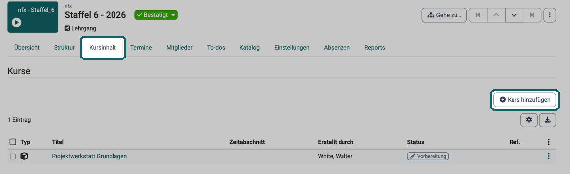 Tab Kursinhalt einer Durchführung · 2026.10.09 Im Tab Kursinhalt einer Durchführung stehen die eingebundenen Kurse, mit dem Button Kurs hinzufügen binden Sie weitere ein