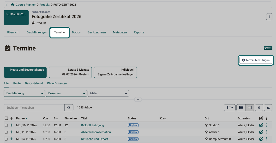 Tab Termine eines Produkts · 2026.10.09 Der Tab Termine eines Produkts listet die Termine aller Durchführungen, mit dem Button Termin hinzufügen legen Sie weitere an