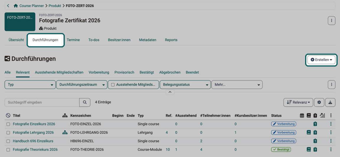 Tab Durchführungen eines Produkts · 2026.10.09 Im Tab Durchführungen eines Produkts legen Sie mit dem Button Erstellen eine neue Durchführung an, darunter stehen die bereits geplanten Durchführungen