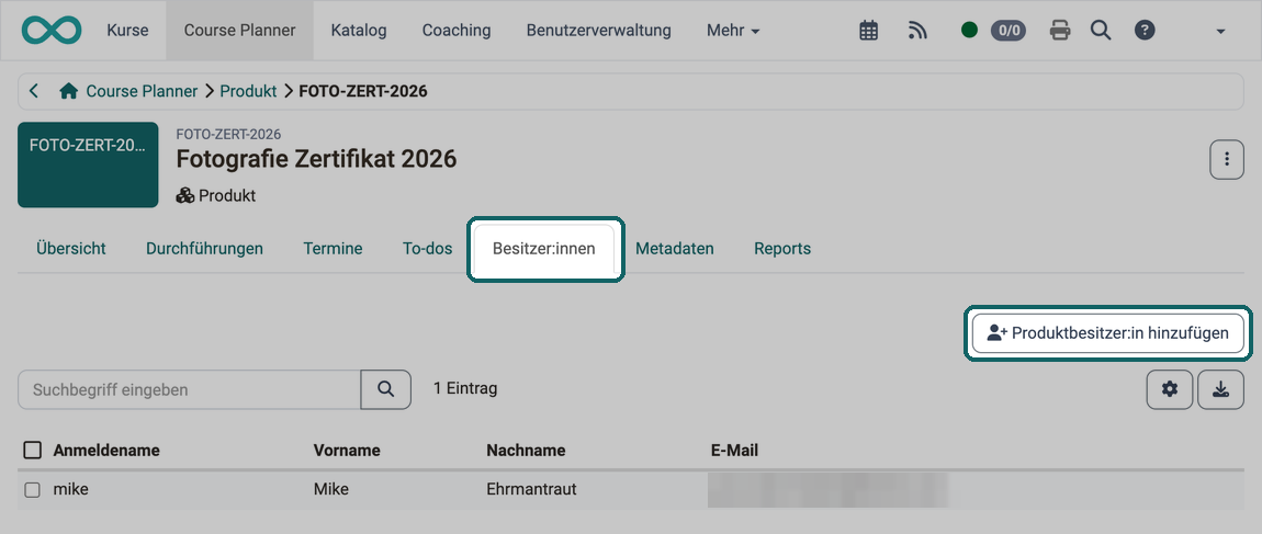 Tab Besitzer:innen eines Produkts · 2026.10.09 Im Tab Besitzer:innen eines Produkts tragen Sie mit dem Button Produktbesitzer:in hinzufügen weitere verantwortliche Personen ein, die Liste zeigt die bisherigen Besitzer:innen