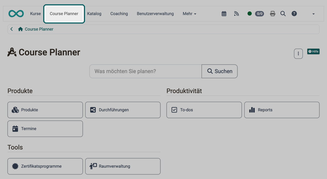 Hauptnavigation und Startseite des Course Planners · 2026.10.09 Der Bereich Course Planner in der Hauptnavigation öffnet die Startseite mit den Buttons Produkte, Durchführungen, Termine, To-dos, Reports, Zertifikatsprogramme und Raumverwaltung