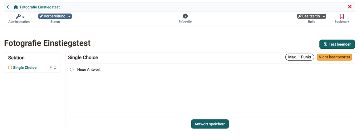Test-Lernressource · 2026.09.28 Neue Test-Lernressource mit einer Single-Choice-Frage und der Antwort Neue Antwort, in der Toolbar die Links Administration und Infoseite
