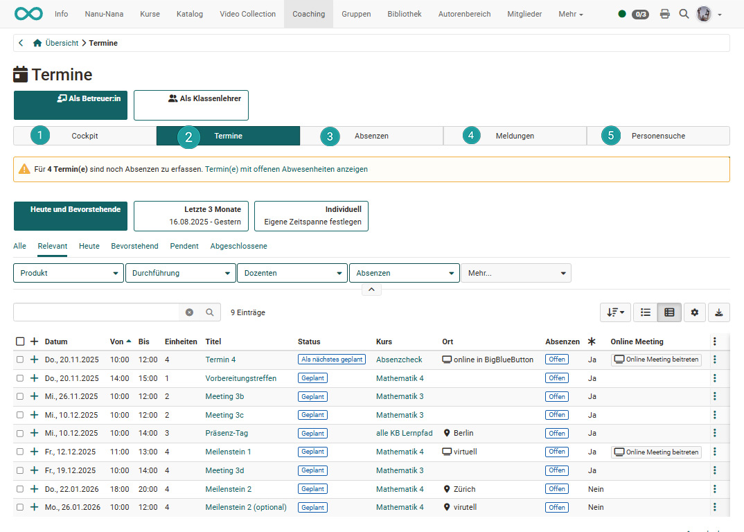 Tabs der Termine im Coaching Tool