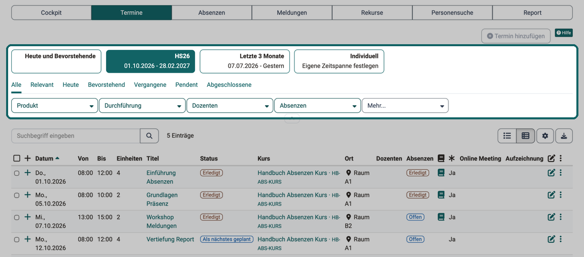 Terminliste mit Zeitraum-Schaltflächen, Schnellfiltern und den Filtern Produkt, Durchführung, Dozenten und Absenzen über der Tabelle