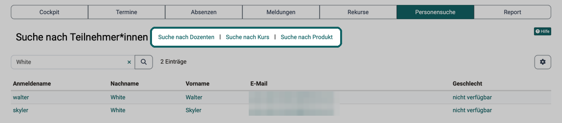 Suche nach Teilnehmer:innen mit den Links Suche nach Dozenten, Suche nach Kurs und Suche nach Produkt, darunter die Trefferliste