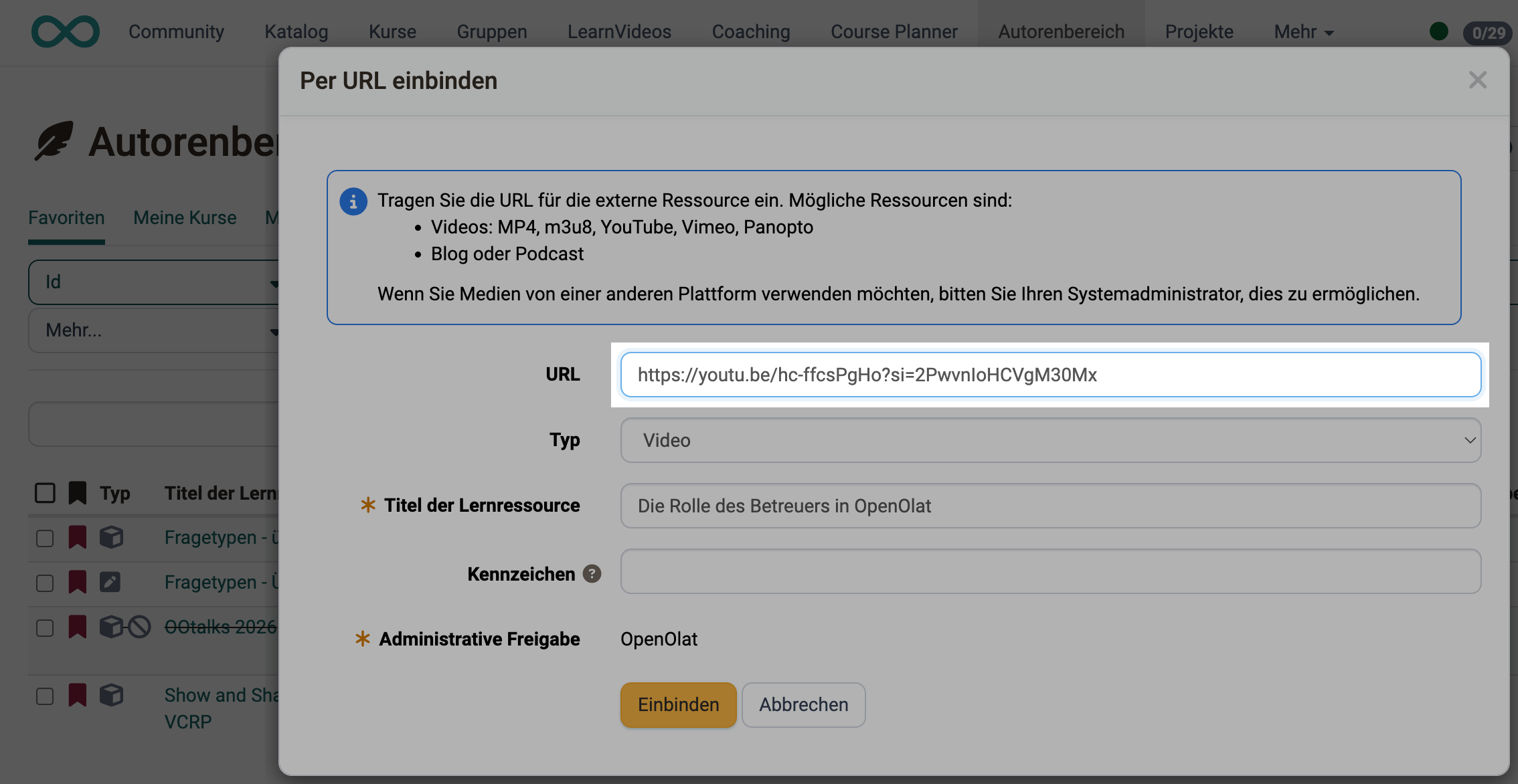 Dialog "Per URL einbinden"