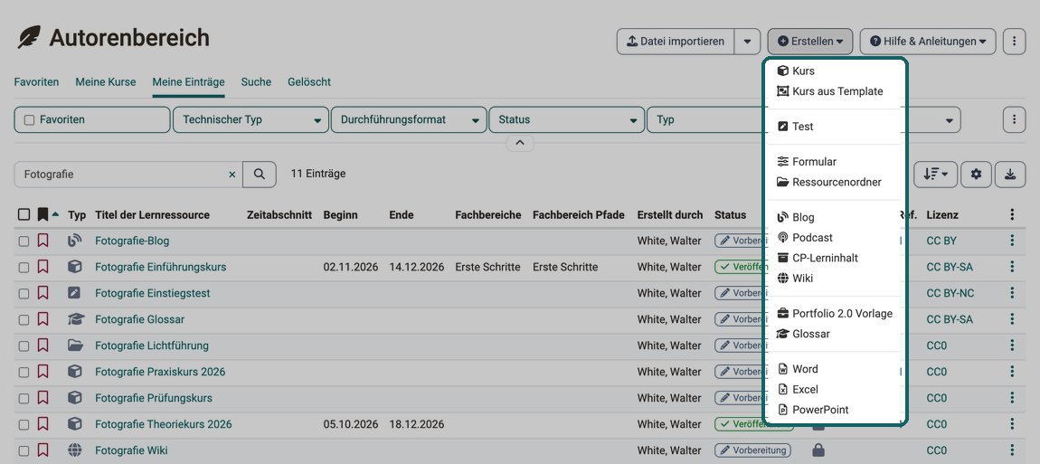 Geöffnetes Menü Erstellen mit den Lernressourcen der Liste unten, von Kurs und Kurs aus Template bis Word, Excel und PowerPoint