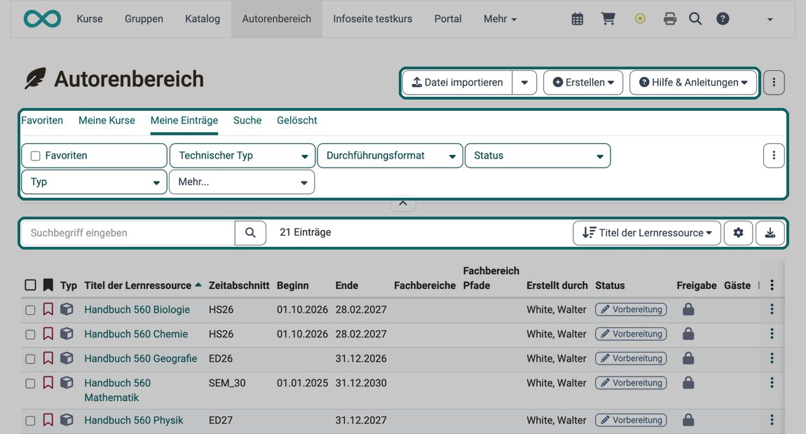 Liste der eigenen Lernressourcen, hervorgehoben die Buttons Datei importieren, Erstellen und Hilfe & Anleitungen, die Filter-Tabs mit den Filtern und die Zeile mit Suchfeld, Zahnrad und Download