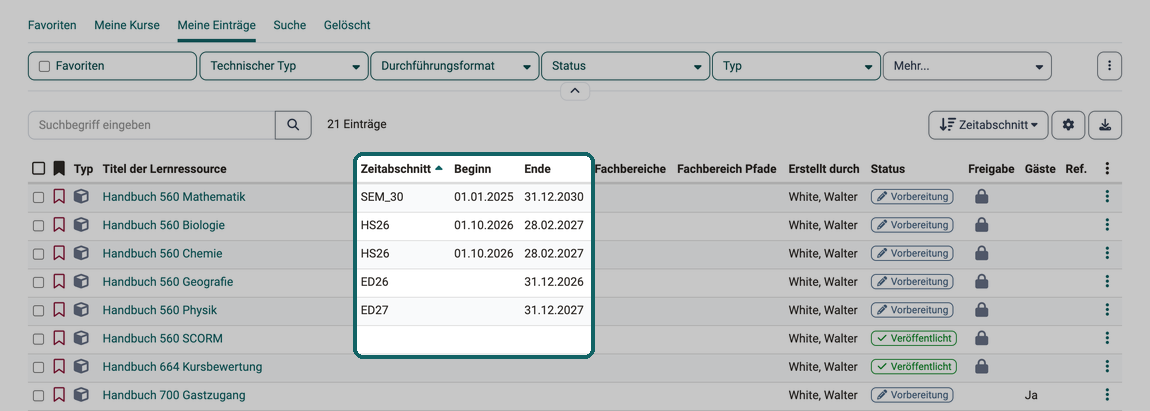 Spalte Zeitabschnitt aufsteigend sortiert, zuerst nach Beginndatum, dann Einträge nur mit Enddatum, Einträge ohne Zeitabschnitt am Listenende