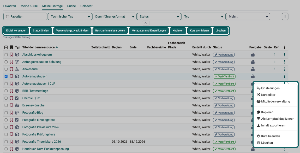 Buttons für Sammelaktionen über der Tabelle und das geöffnete 3-Punkte-Menü einer Zeile mit Einstellungen, Kurseditor und Mitgliederverwaltung zuoberst