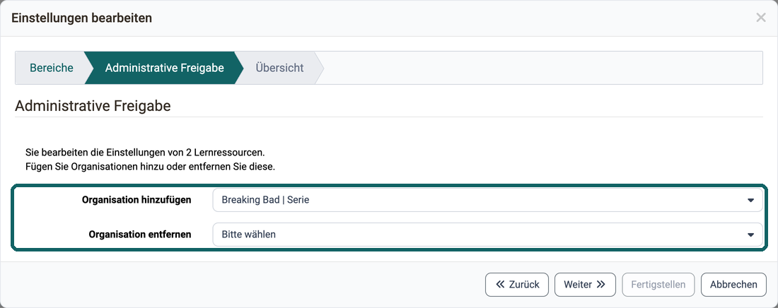 Markierte Felder Organisation hinzufügen und Organisation entfernen, hier für 2 Lernressourcen