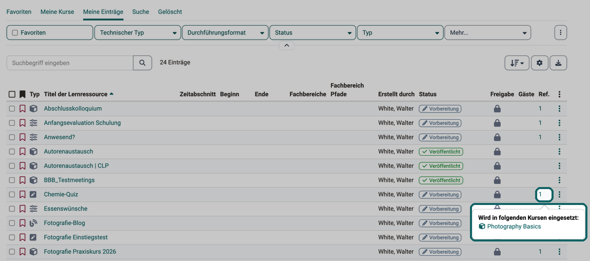 Zahl in der Spalte Ref. öffnet die Liste Wird in folgenden Kursen eingesetzt mit dem Kurs, der den Test einsetzt