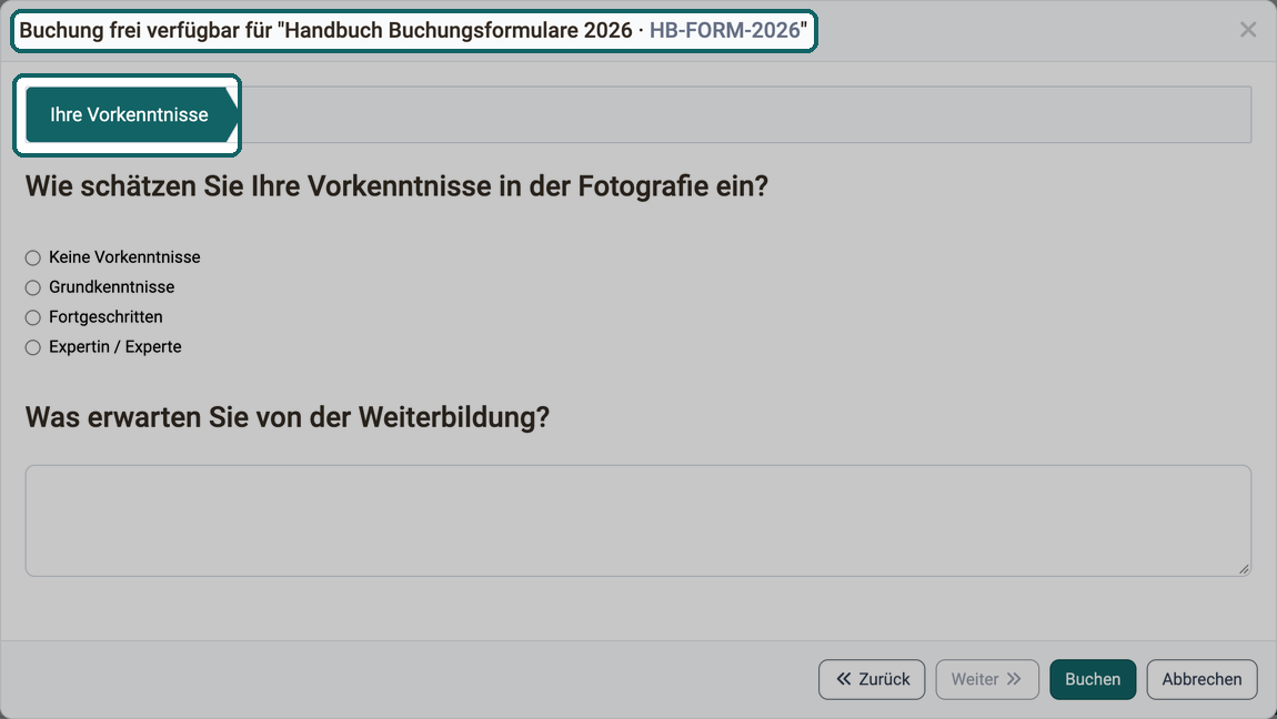 Assistent Buchung frei verfügbar im Katalog · 2026.10.02 Titel mit Angebotsart, Durchführung und Kennzeichen, das Formular als einziger Schritt, Weiter inaktiv und Buchen hervorgehoben