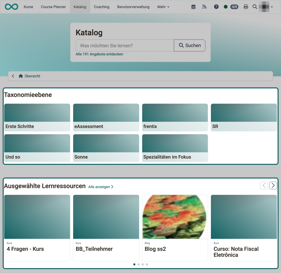Jeder Launcher ist ein eigener Abschnitt der Startseite, hier eine Taxonomieebene mit ihren Kategorien und darunter ausgewählte Lernressourcen
