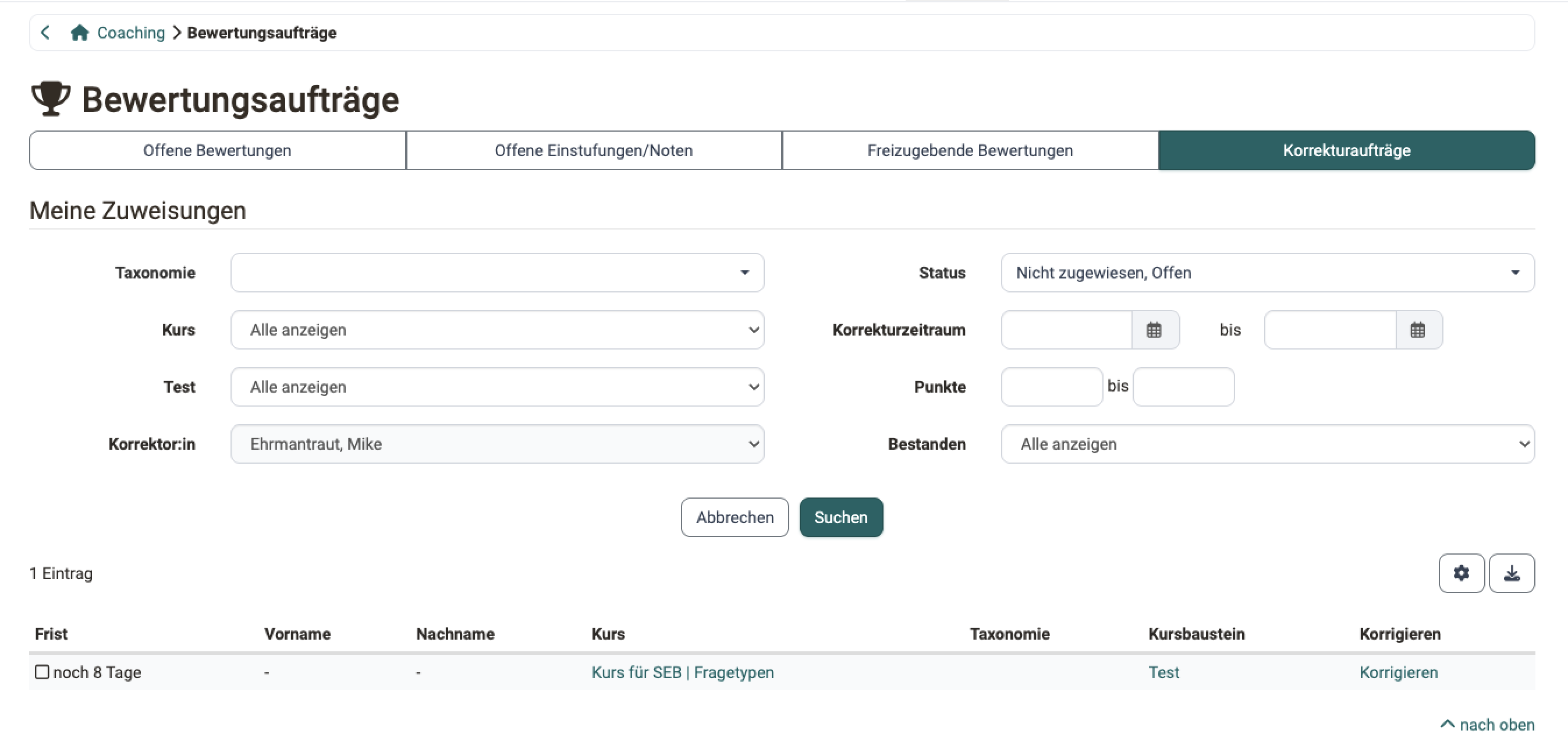 Tab Korrekturaufträge im Bereich Bewertungsaufträge des Coaching: Der Abschnitt "Meine Zuweisungen" filtert nach Kurs, Test, Status, Korrekturzeitraum und Punkten, die Liste zeigt Frist, Kurs, Kursbaustein und den Link "Korrigieren".