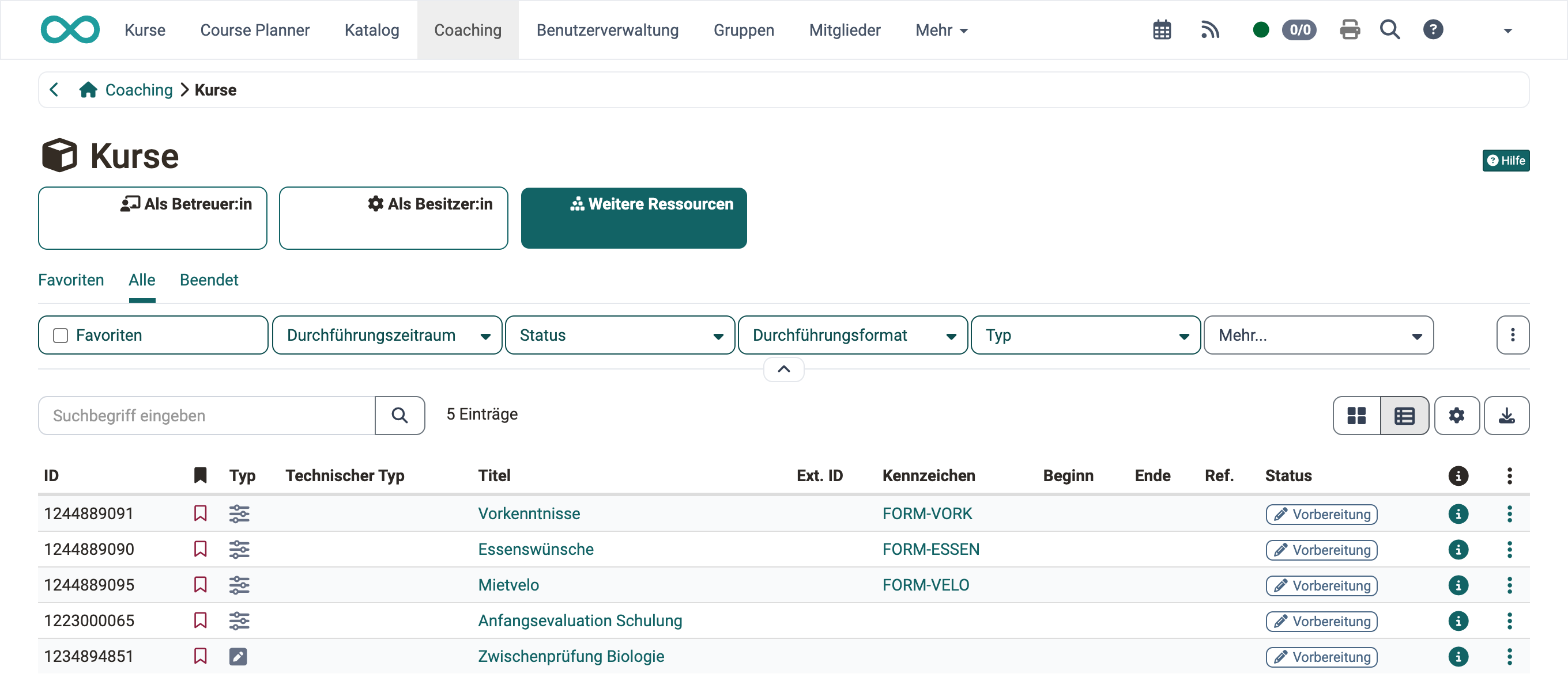 Kurse im Coaching, Fokus Weitere Ressourcen: Lernressourcen, die Sie besitzen und die in Kurse eingebunden werden, Tabs Favoriten, Alle und Beendet, rechts das Info-Symbol für die Infoseite