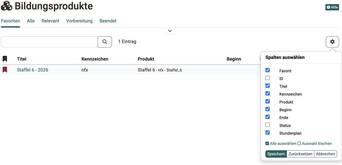 Nur die Spalten ID und Status sind nicht angekreuzt, im geöffneten Dialog Spalten auswählen in den Bildungsprodukten des Coaching Tools.