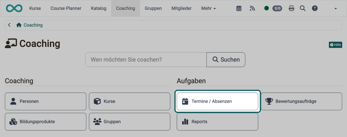 Markierter Button Termine / Absenzen unter Aufgaben führt zur kursübergreifenden Termin- und Absenzenverwaltung