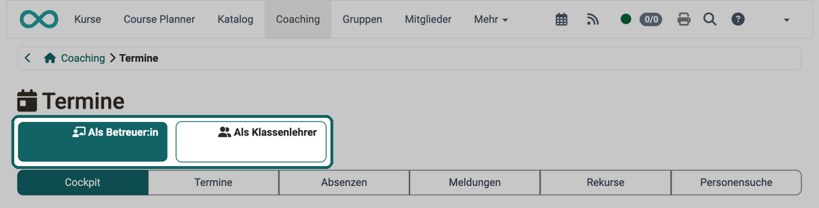 Markierte Buttons Als Betreuer:in und Als Klassenlehrer über der Tab-Leiste wechseln die Rolle, für die Sie Termine und Absenzen sehen