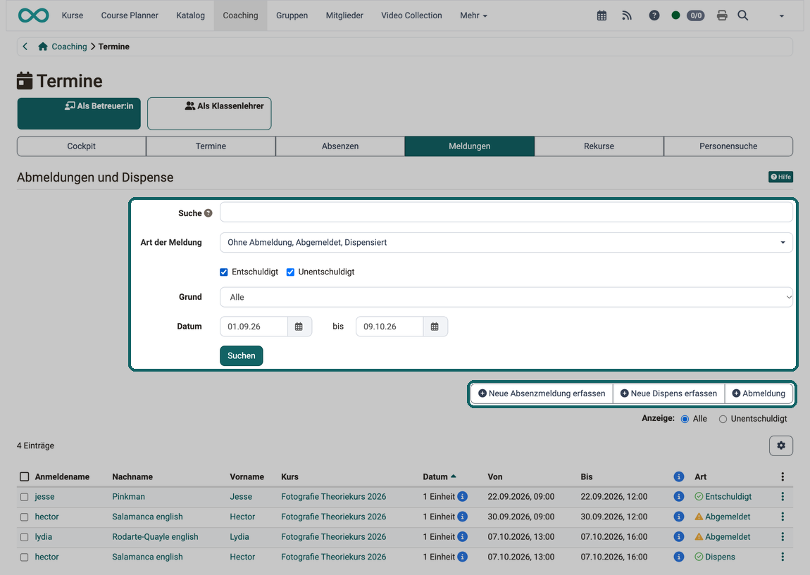Markierte Filter grenzen die Liste der Meldungen ein, die markierten Buttons erfassen eine neue Absenzmeldung, eine neue Dispens oder eine Abmeldung