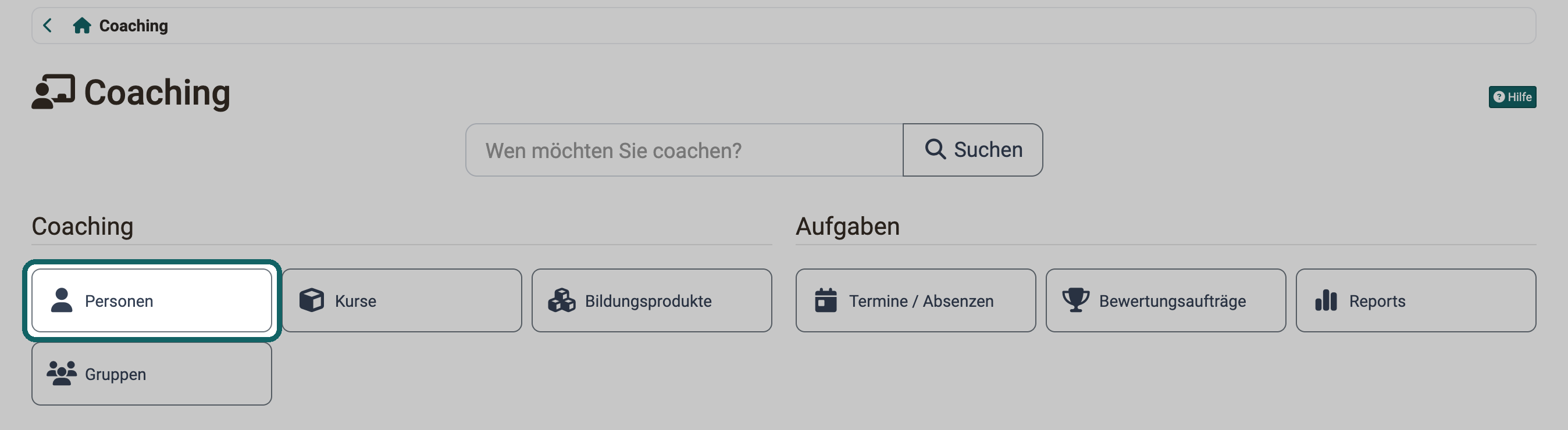 Markierter Button Personen in der Gruppe Coaching führt zur Liste aller betreuten Personen.