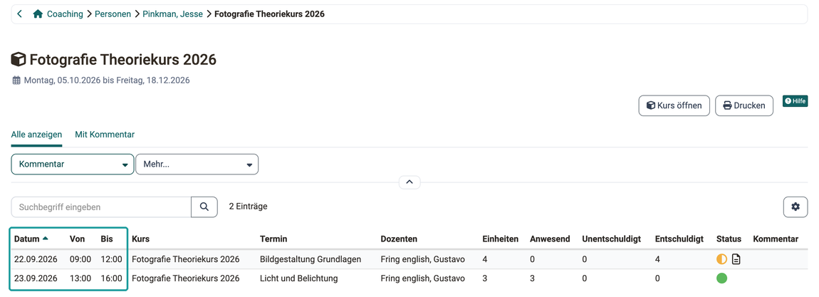 Einzelne Termine eines Kurses mit Datum, Von und Bis, nach dem Klick auf den Kurs.
