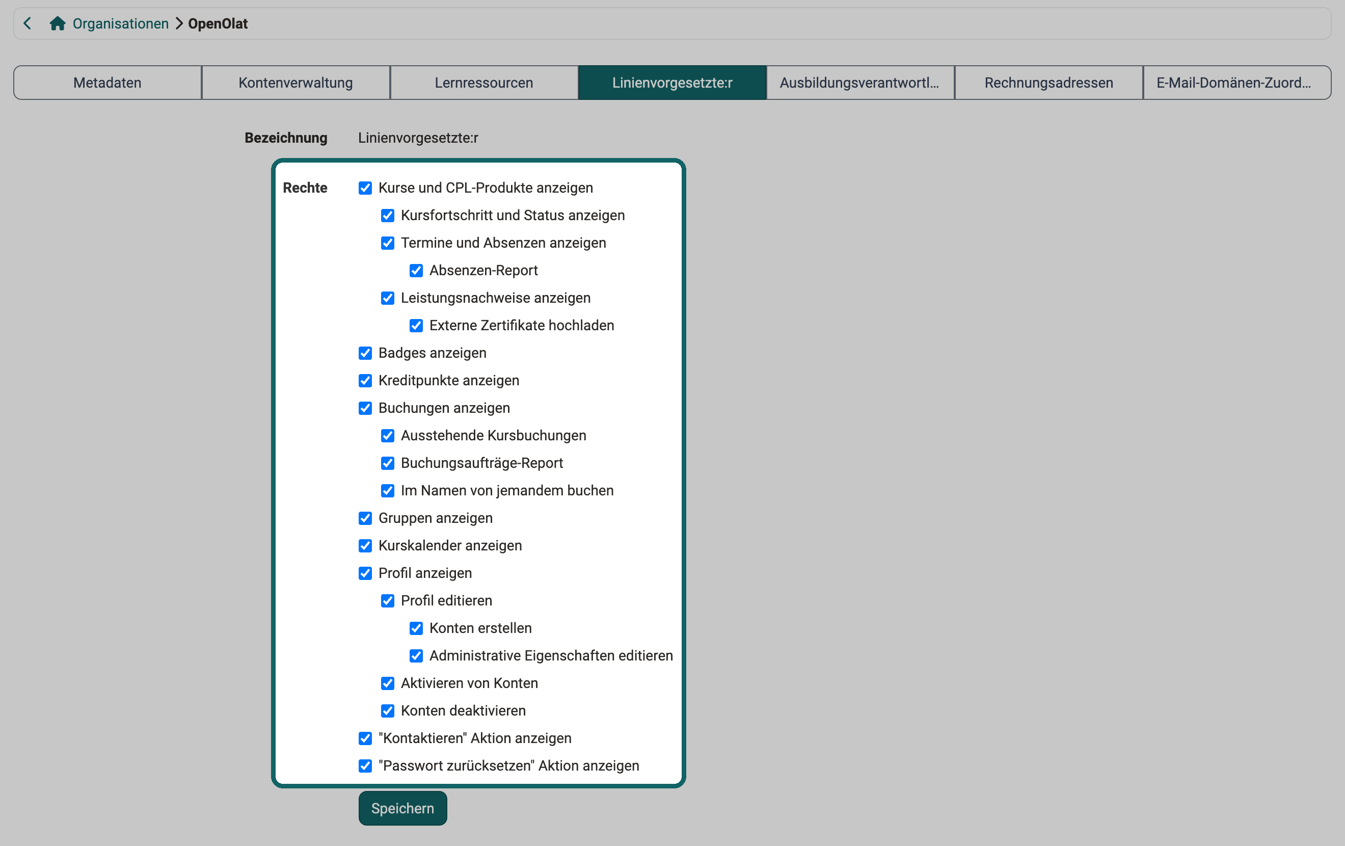 Rechte der Rolle Linienvorgesetzte:r als Checkbox-Liste, von Kurse und CPL-Produkte anzeigen bis "Passwort zurücksetzen" Aktion anzeigen, alle gesetzt