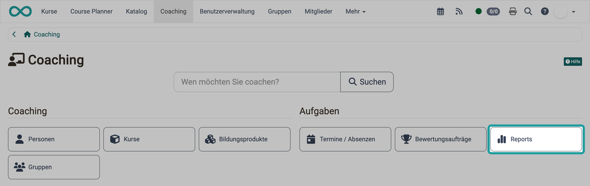 Markierte Kachel Reports im Abschnitt Aufgaben öffnet die Reportvorlagen, auf der Startseite des Coaching Tools.