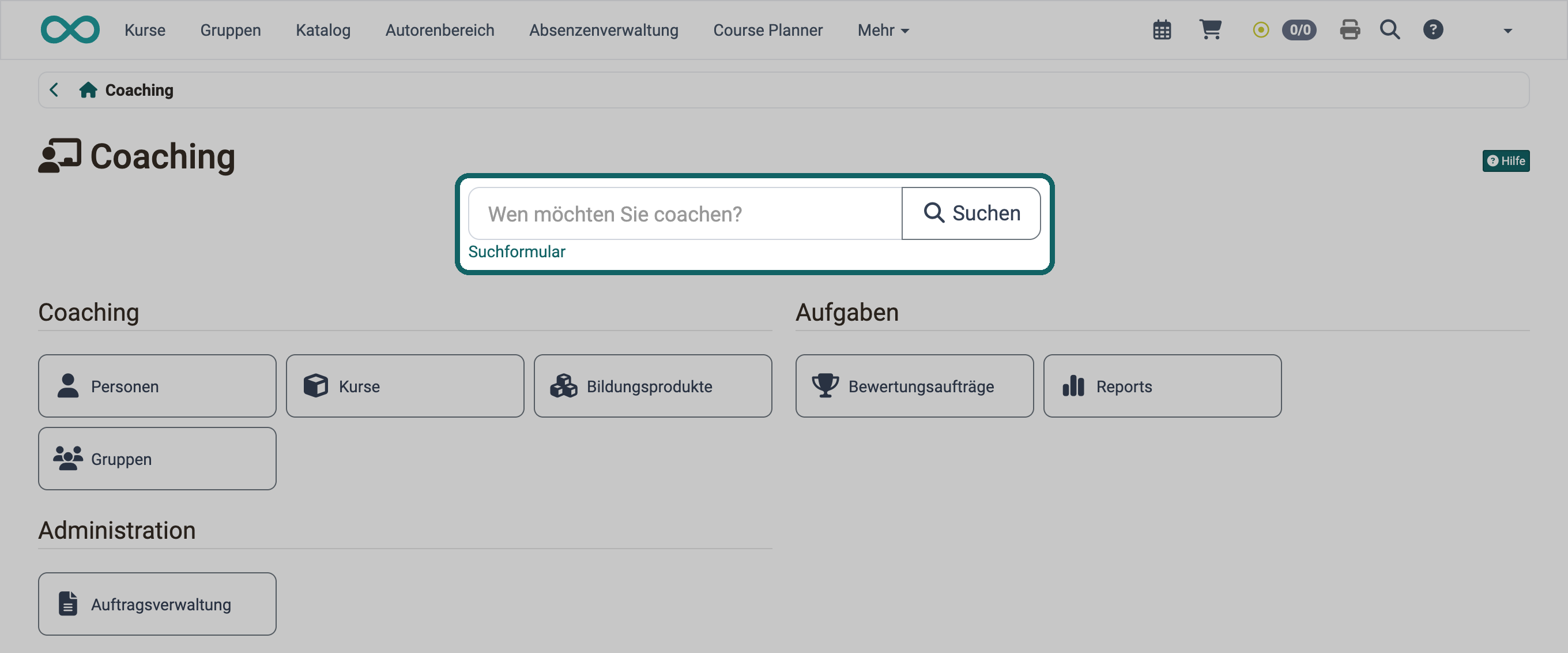 Einstiegsseite Coaching · 2026.10.22 Markiertes Suchfeld mit dem Platzhalter Wen möchten Sie coachen?, dem Button Suchen und dem Link Suchformular