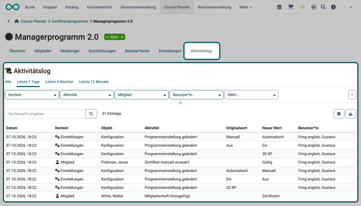 Tab Aktivitätslog eines Zertifikatsprogramms · 2026.10.07 Protokoll mit den Spalten Kontext, Objekt, Aktivität, Originalwert, Neuer Wert und Benutzer:in, darüber die Filter