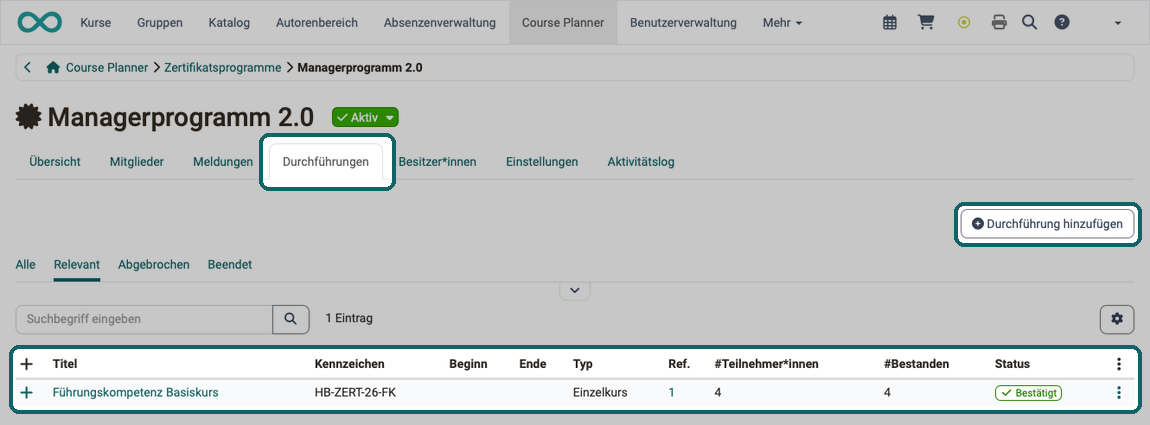 Tab Durchführungen eines Zertifikatsprogramms · 2026.10.07 Verknüpfte Durchführung mit Typ, Zahl der Teilnehmer:innen, Spalte #Bestanden und Status, dazu der Button Durchführung hinzufügen