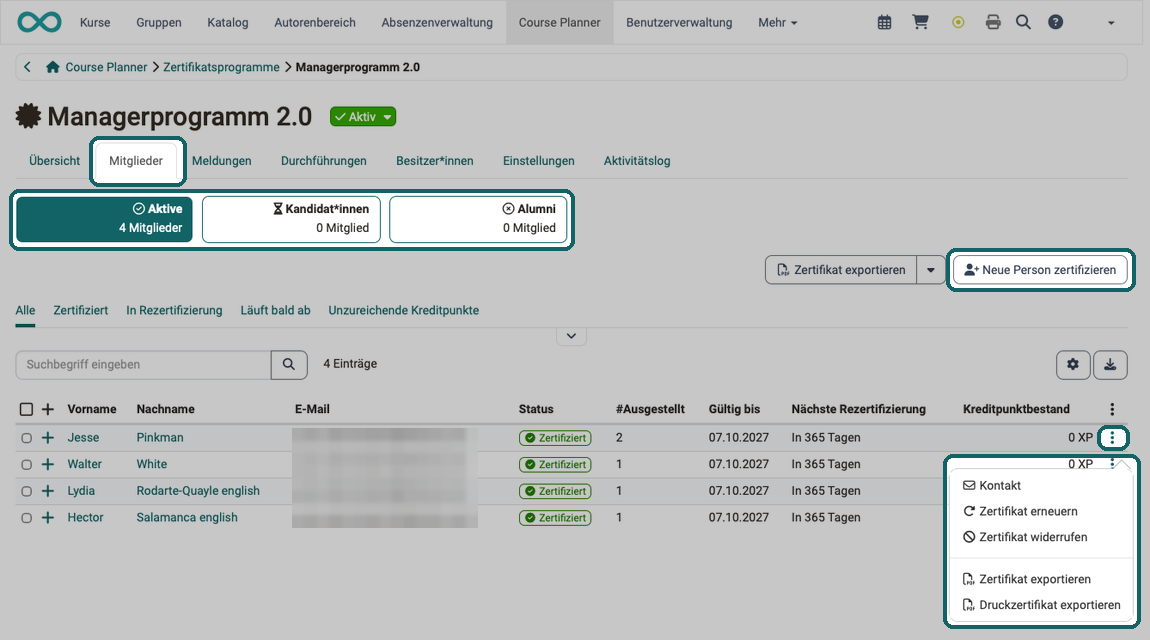 Tab Mitglieder eines Zertifikatsprogramms · 2026.10.07 Kacheln Aktive, Kandidat:innen und Alumni, Button Neue Person zertifizieren, Zeilenmenü mit Kontakt, Zertifikat erneuern, widerrufen und exportieren