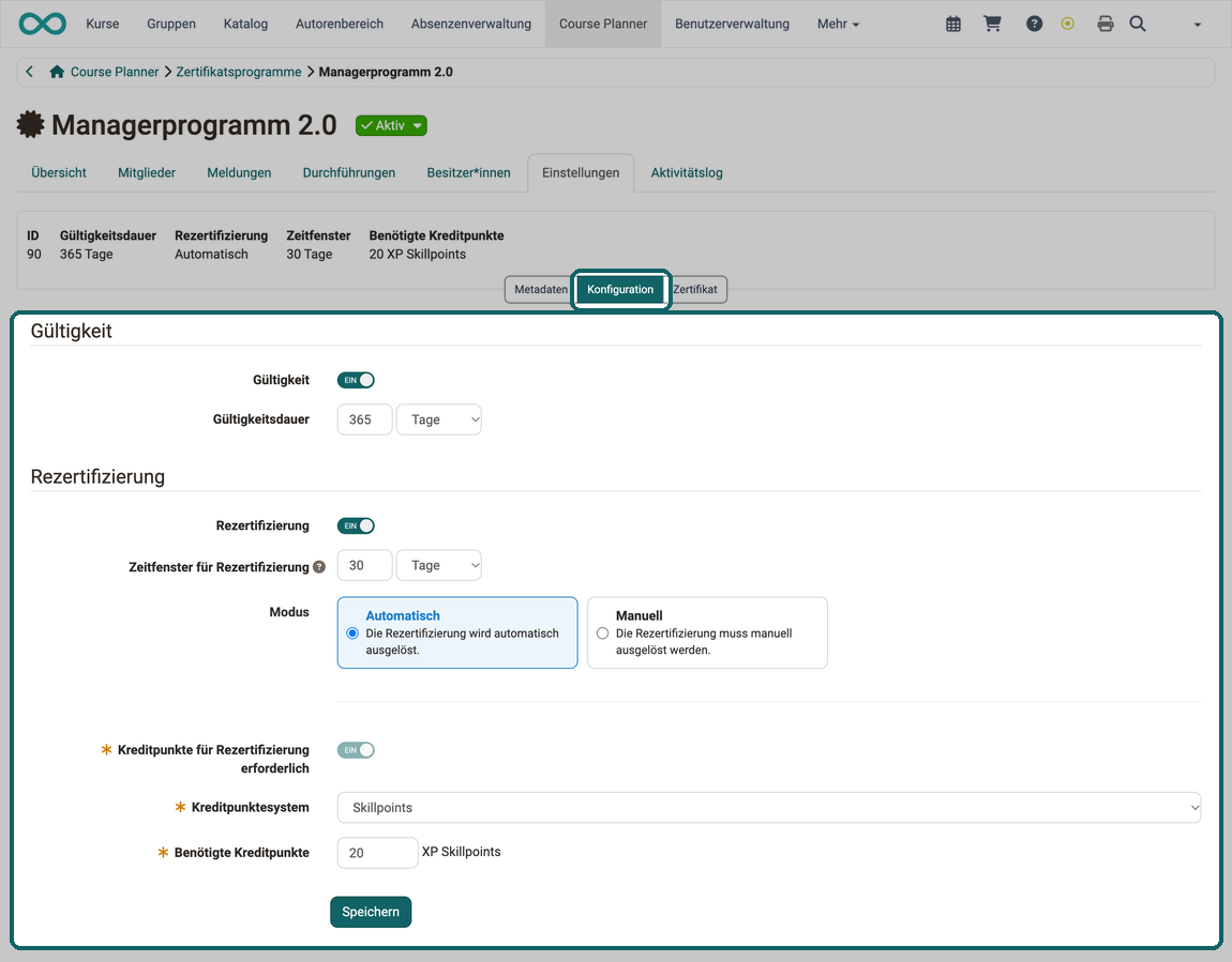 Bereich Konfiguration im Tab Einstellungen · 2026.10.07 Gültigkeitsdauer, Rezertifizierung mit Zeitfenster und Modus, Schalter für Kreditpunkte mit Kreditpunktesystem und benötigten Kreditpunkten