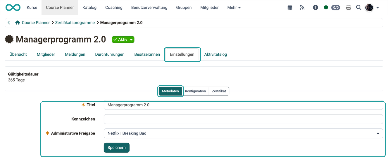 Die Felder Titel, Kennzeichen und Administrative Freigabe, im Bereich Metadaten des Tabs Einstellungen