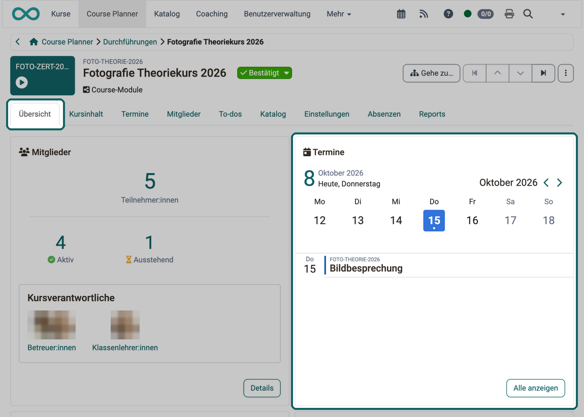 Tab Übersicht einer Durchführung · 2026.10.08 Das Widget Termine zeigt in der Wochenleiste den nächsten Termin der Durchführung